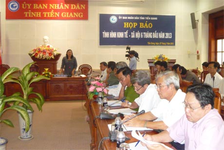Bà Trần Kim Mai, Phó Chủ tịch UBND tỉnh phát biểu tại buổi họp báo.