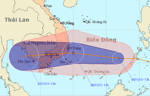 Dự bão đường đi của áp thấp nhiệt đới. Nó sẽ trở thành cơn bão số 13 và đổ bộ vào đất liền khu vực các tỉnh Nam Trung Bộ, Nam Bộ và nam Tây Nguyên vào chiều nay. Ảnh: nchmf.