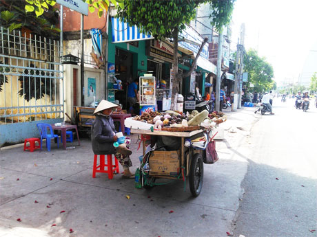 Xe đẩy bán các loại khoai luộc, trái cây trên đường Thủ Khoa Huân.