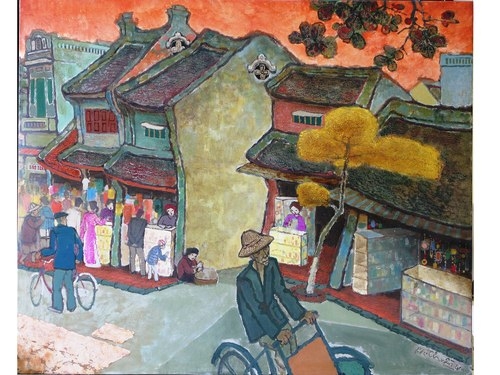 Bức tranh sơn mài phong cảnh của họa sĩ Phùng Dzi Thuần.