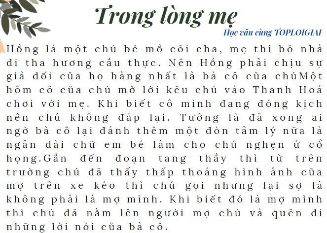 Tóm Tắt Trong Lòng Mẹ Ngắn Gọn, Đủ Ý