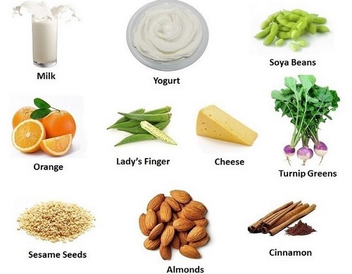  10 thực phẩm giàu canxi gồm: sữa, sữa chua, đậu nành, cam, đậu bắp, phô mai, lá củ cải, hạt vừng, quả hạnh, quế. Ảnh: Healthtip. 