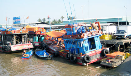 Tiền Giang có đội tàu cá và dịch vụ hậu cần khá phát triển (Ảnh chụp ở Cảng cá Mỹ Tho, phường 2, TP. Mỹ Tho).
